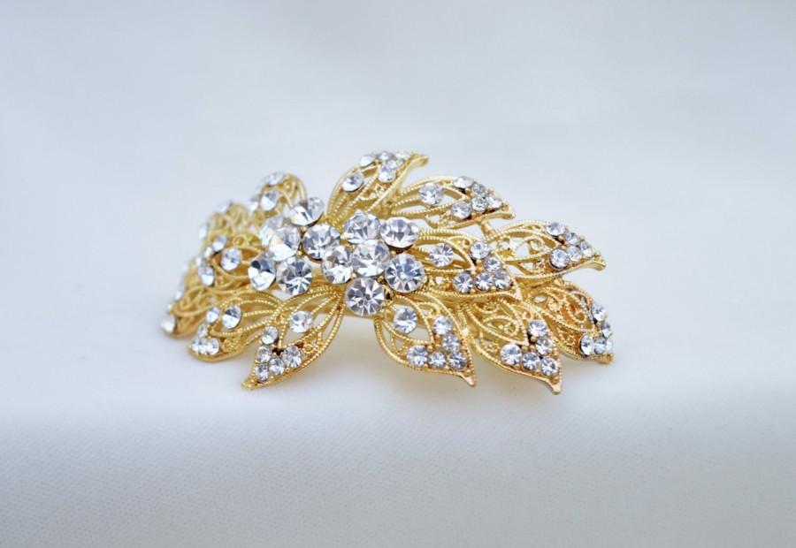 Hochzeit - Rhinestone Bridal Gold Hair Clip / Barrette / Wedding Hair Clip / Victorian Inspired Gold Barrette / Deco Hair Clip