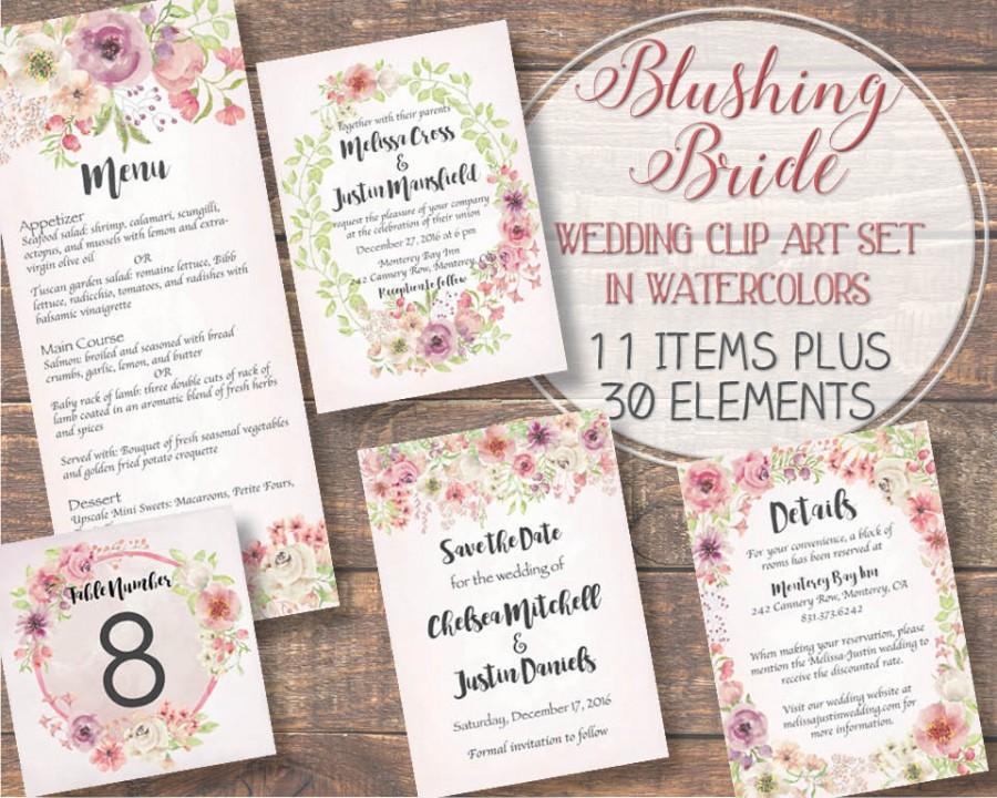 Wedding - Watercolor floral clip art set: Blushing Bride; wedding clip art; weddings; hand painted watercolors in pink and ivory; instant download