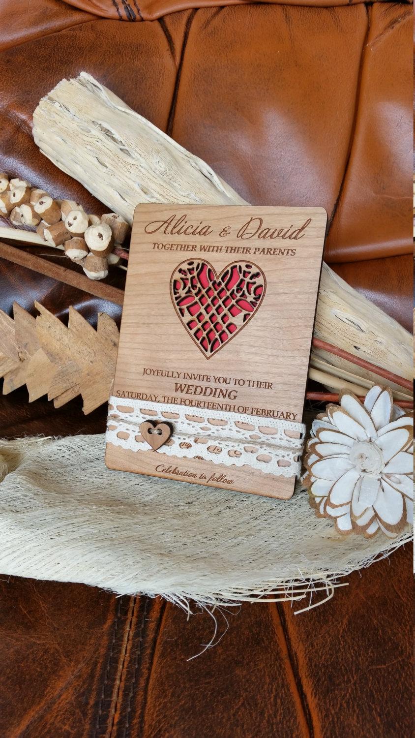 Wedding - love heart wedding invitation (25)/ wood Wedding invitation/ unique wedding invitation /rustic wedding invitation / lace wedding invitation