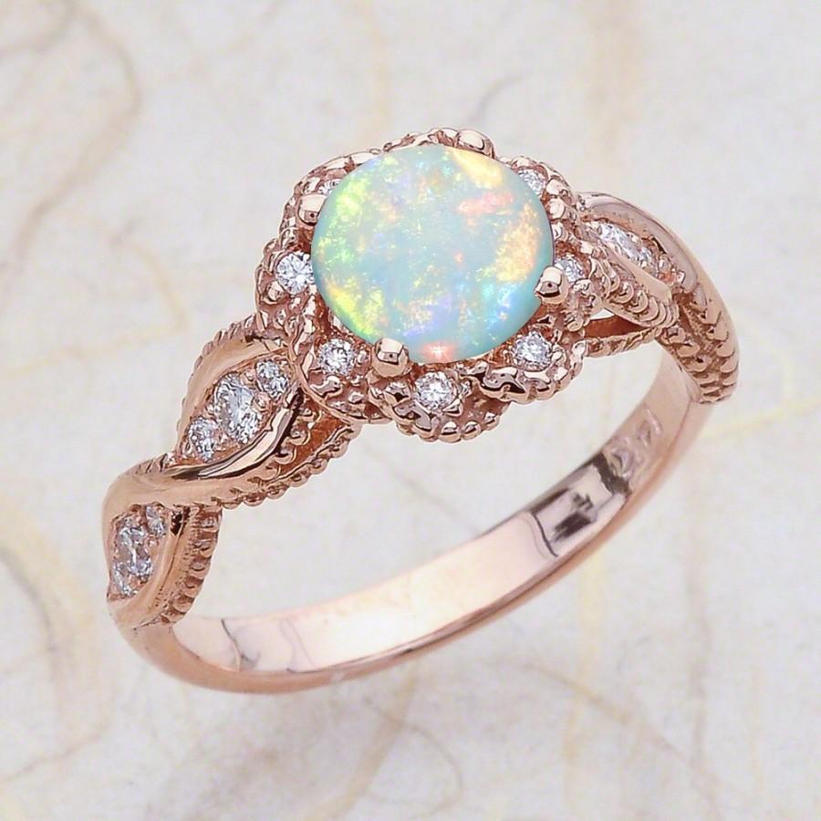 Hochzeit - 14K Vintage Rose Gold Engagement Ring Center Is A Round Opal