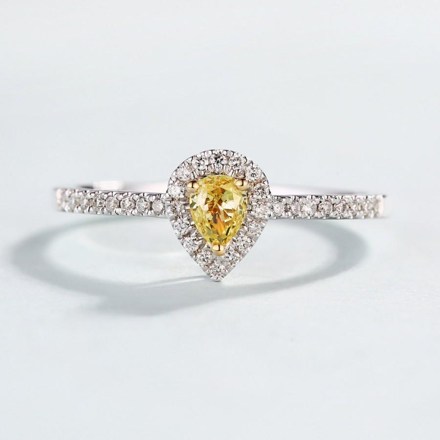 زفاف - Pear engagement ring, Pear diamond ring,Yellow diamond ring, White Gold diamond ring,Promise ring, Simple diamond ring, Half eternity band