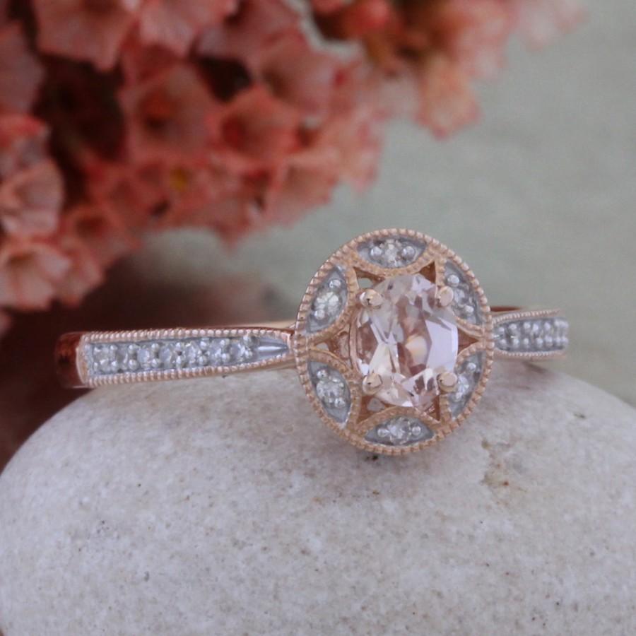 زفاف - Pink Morganite Ring in 10k Rose Gold Milgrain Wedding Band, Halo Engagement Ring, Oval Cut Ring, Ready to Ship, Size 7 (Resizable)