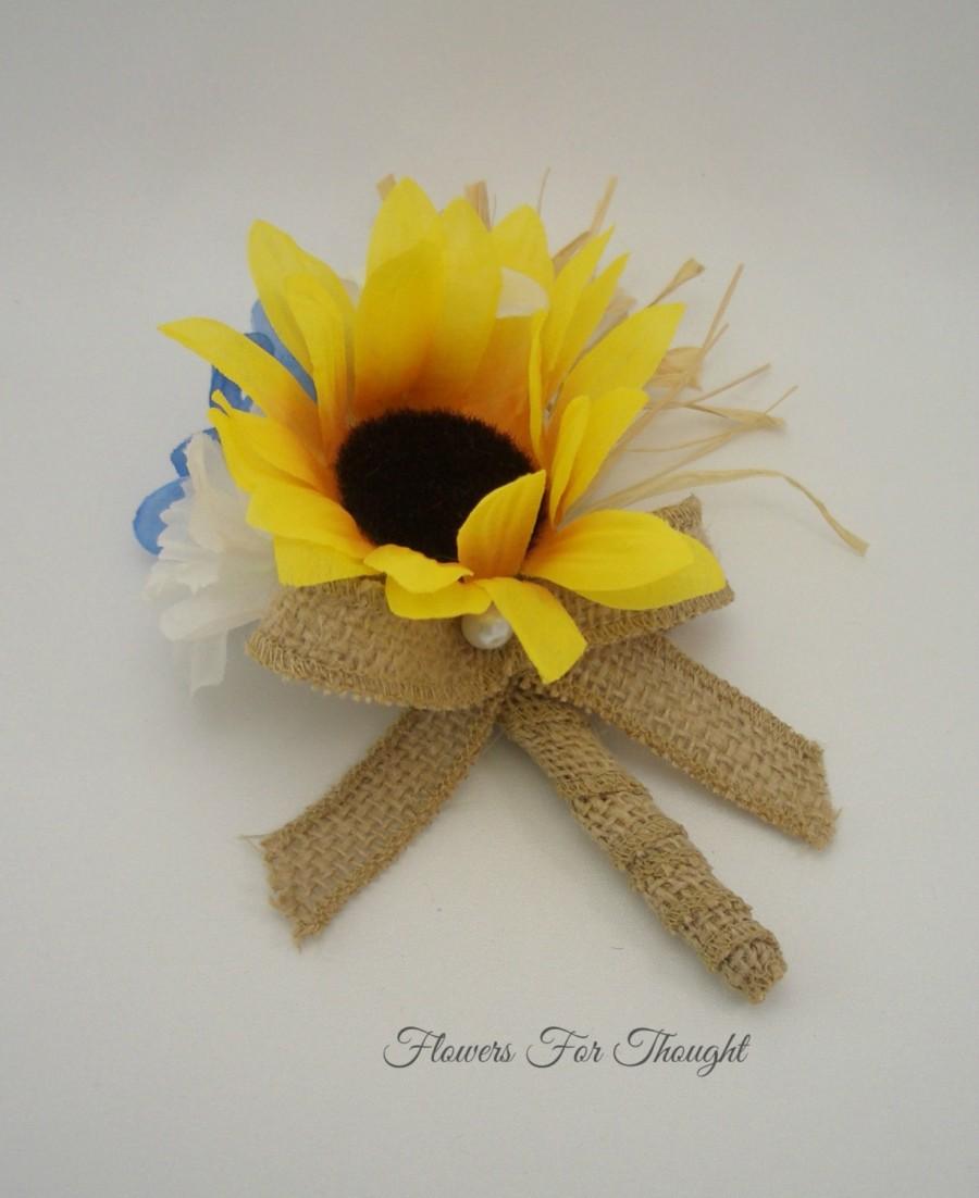 زفاف - Sunflower Boutonniere with Burlap Ribbon,Wedding, Groom, Groomsmen gift, Buttonhole Flower, Bridal Party Favor, FFT design, Made to order