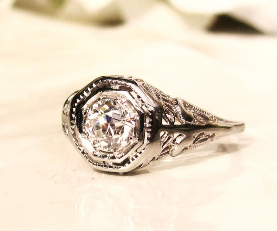Hochzeit - Antique Engagement Ring 0.61ct Old European Cut Diamond Edwardian Engagement Ring 18K White Gold Heart Motif Filigree Antique Wedding Ring