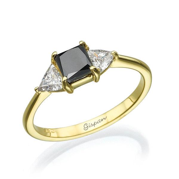 زفاف - 3 Stone Ring Princess Cut Engagement Ring Black Diamond Ring Drop Ring Yellow Gold Ring Art Deco Ring Unique Jewelry Triangle Ring