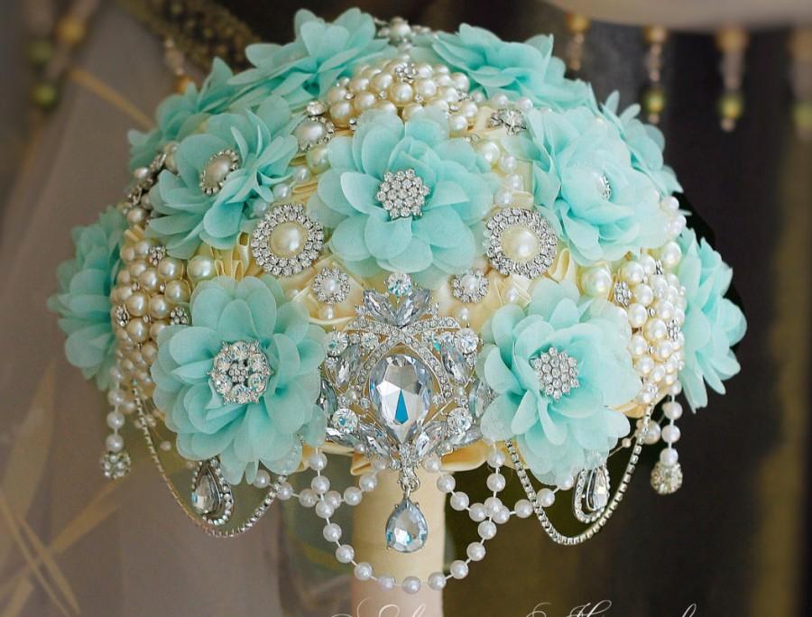 Hochzeit - SALE!!Brooch bouquet, bridal bouquet, Crystal Bouquet, wedding bouquet, fabric bouquet, keepsake bouquet, Luxury wedding, mint bouquet