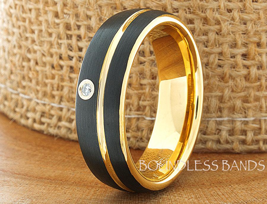 Mariage - Tungsten Ring Diamond Tungsten Wedding Ring Mens Women's Wedding Band Promise Anniversary Engagement Black Yellow Matching Ring Set 7mm Band