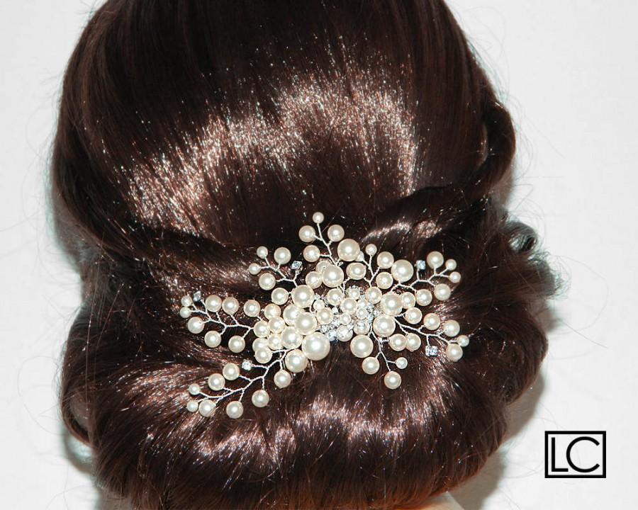 Hochzeit - Pearl Bridal Hair Comb Swarovski Ivory Pearl Floral Hair Comb Wedding Pearl Hair Piece Pearl CZ Headpiece Bridal Ivory Pearl Hair Jewelry - $36.00 USD