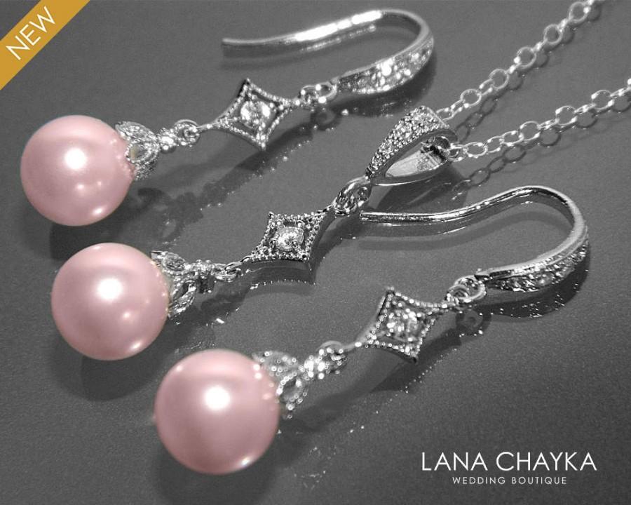 Wedding - Light Pink Pearl Earrings and Necklace Set STERLING SILVER Pink Drop Pearl Set Swarovski 8mm Pearl Jewelry Set Blush Pink Small Pearl Set - $39.00 USD