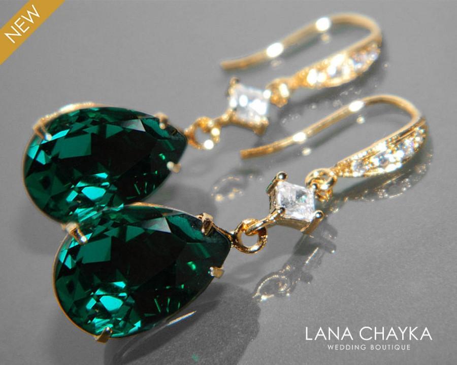 Mariage - Emerald Crystal Gold Earrings Teardrop Green Wedding Earrings Swarovski Emerald Rhinestone Earrings Bridal Bridesmaid Jewelry Prom Earrings - $28.00 USD