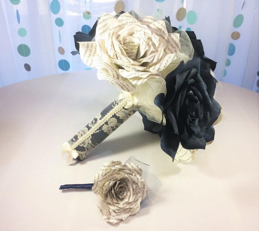 زفاف - Beautiful navy blue wedding bouquet using book page roses with matching boutonniere option and three sizes to choose from
