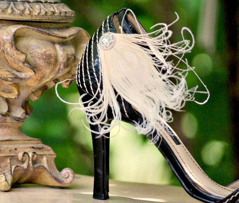 Mariage - Sparkly Ivory Shoe Clips. Big Day Stylish Feminine, Couture Statement Stunning, Burlesque Boudoir Bride Bridal Bridesmaid, Creamy Beige Blue