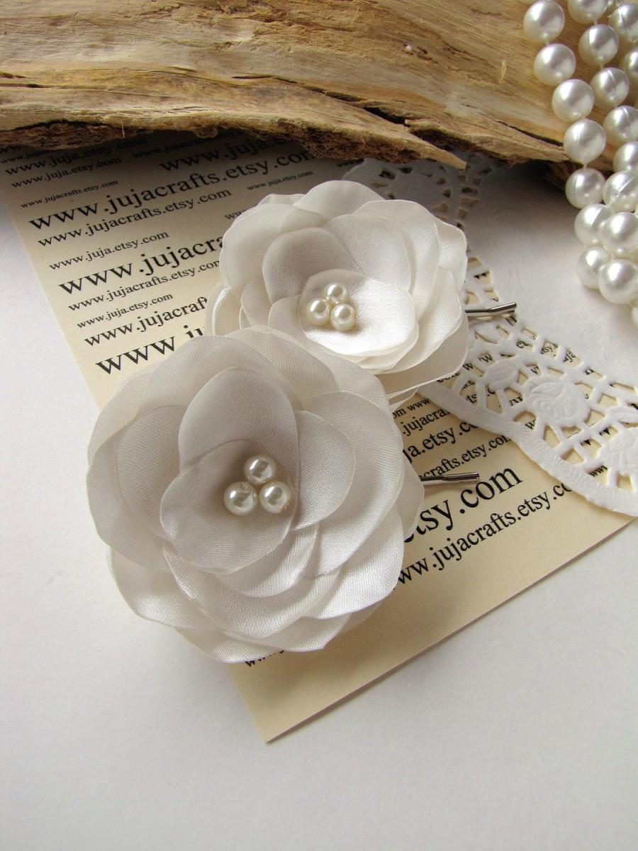 زفاف - Bridal hair pins with fabric flowers, bobby pins with fabric flowers, bridal pins (set of 2 pcs) - BRIDAL IVORY BLOSSOMS (with glass pearls)