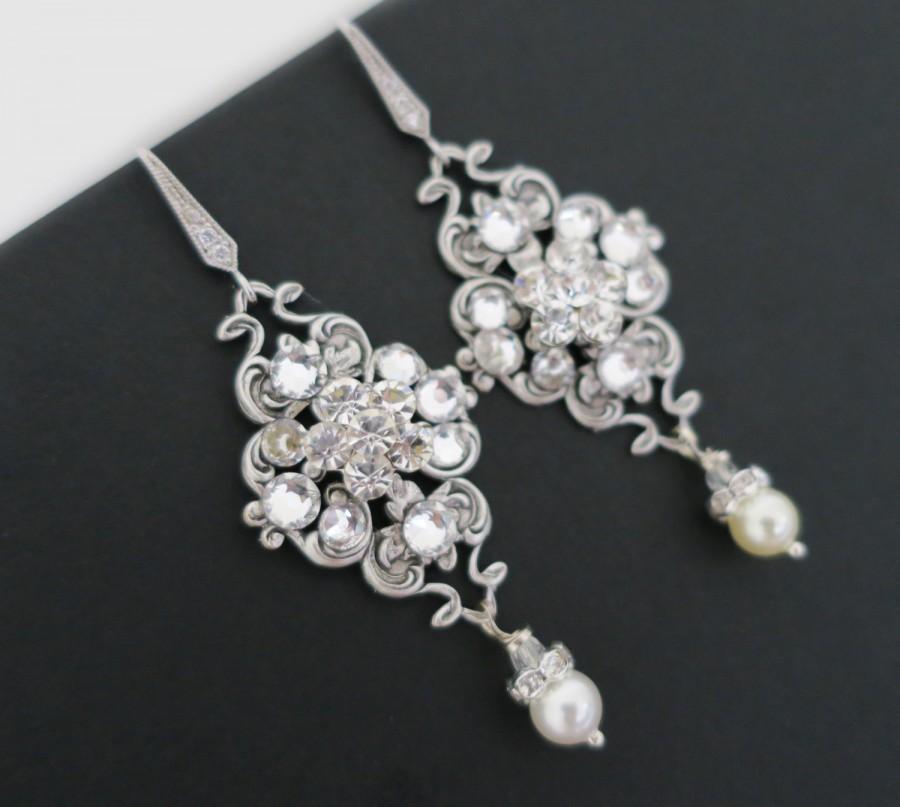 Hochzeit - Bridal Earrings Vintage, Wedding Earrings Chandelier, Pearl Dangle Earrings, Wedding Jewelry for Brides, Sterling Silver, Swarovski Pearl