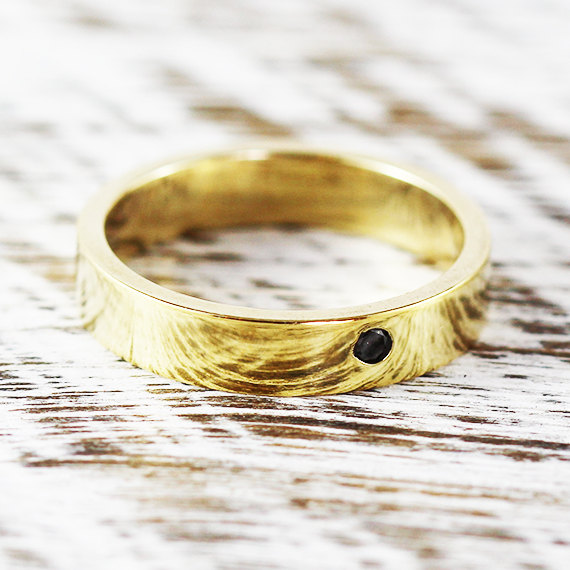 Свадьба - Mens Wedding Band 14k Yellow Gold 2mm Black Diamond Ring