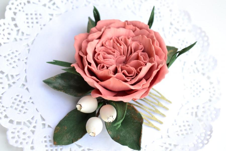 زفاف - English rose boho wedding bridal flower floral hair comb , light coral salmon tea rose wedding flowers hair accessory