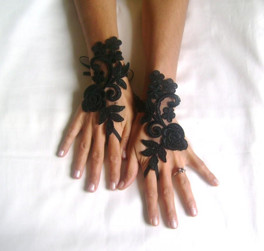 Wedding - Rose goth gothic lace black Wedding gloves bridal gloves fingerless gloves Halloween costume french lace vampire free ship