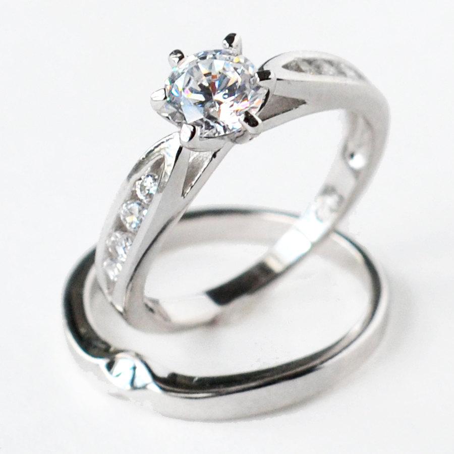 Hochzeit - cz ring, cz wedding ring, cz engagement ring, wedding ring set, ring set, cz wedding set, sterling silver ring, size 5 6 7 8 9 10- MC111101R
