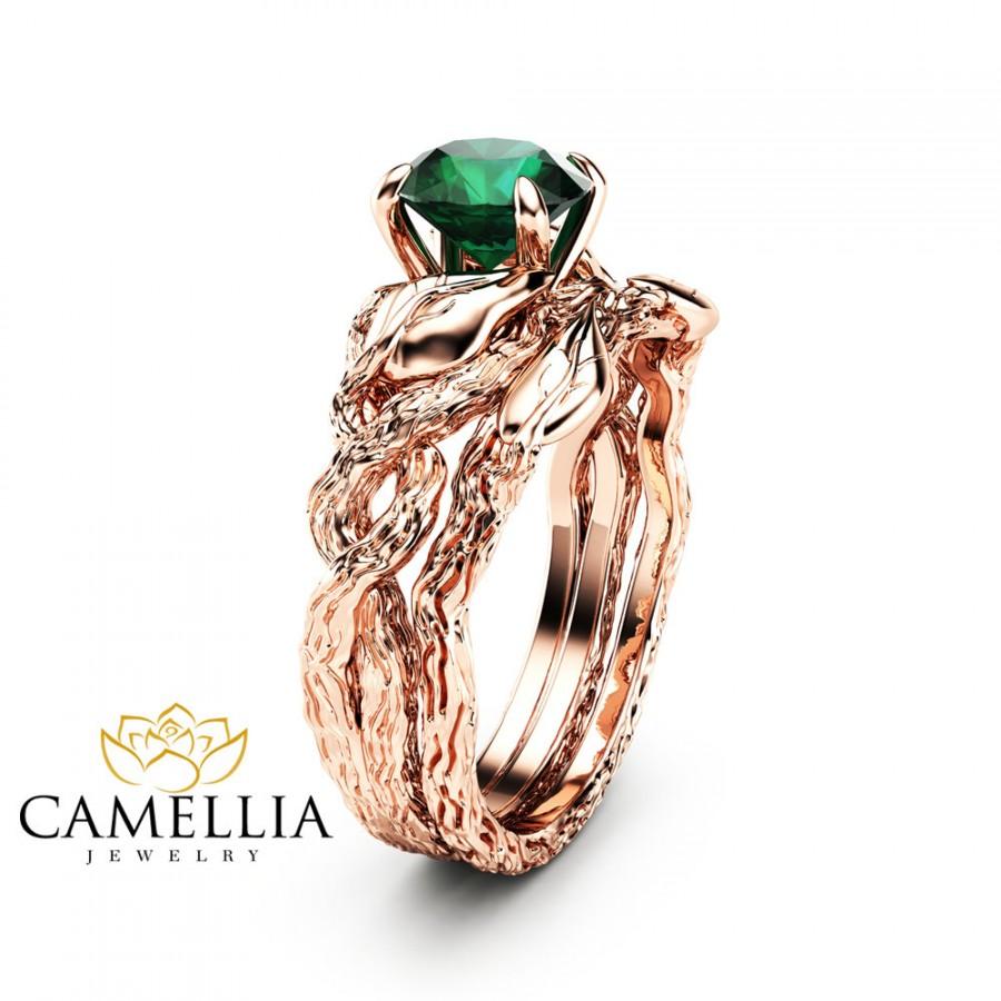 زفاف - Nature Inspired Emerald Engagement Ring Set 14K Rose Gold Engagement Rings Branch and Wedding Emerald Ring