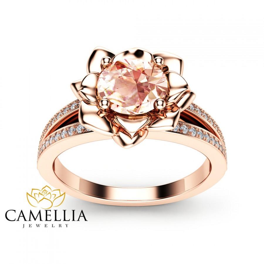 Свадьба - Morganite Flower Engagement Ring 14K Rose Gold Flower Engagement Ring Peach Pink Morganite Diamond Ring