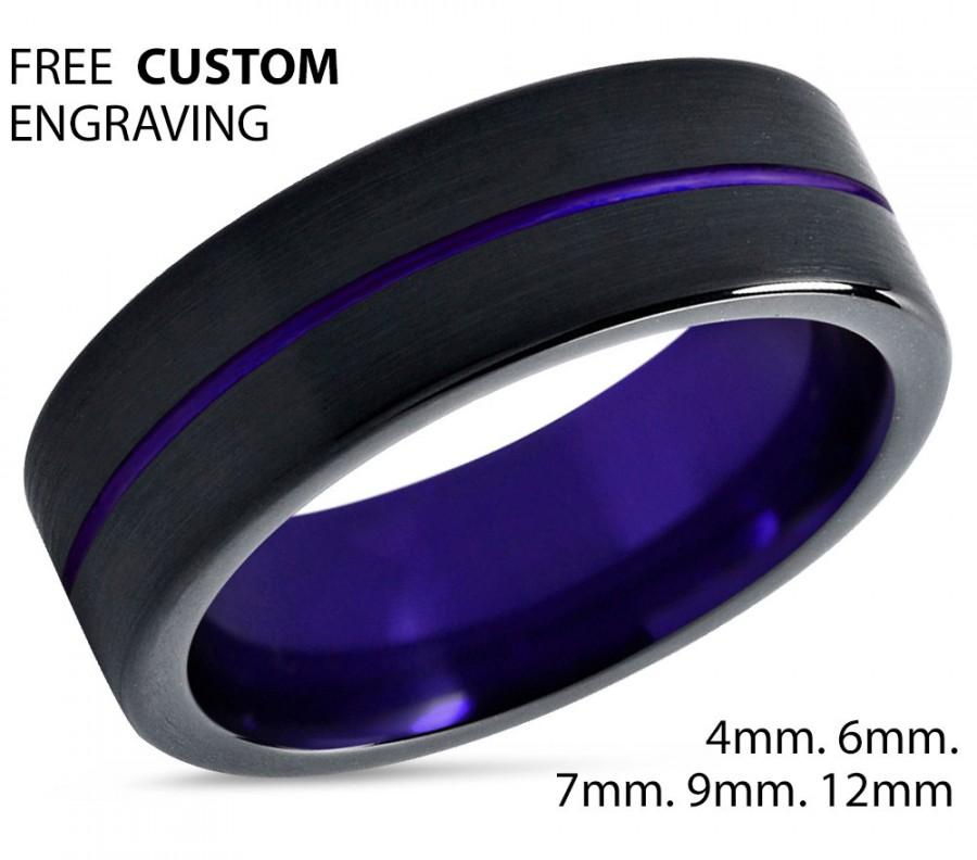 Hochzeit - Tungsten Ring Mens Black Purple Wedding Band  Ring Tungsten Carbide 7mm Tungsten Man Wedding Male Women Anniversary Matching Size