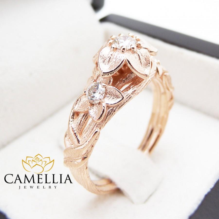 Wedding - Three Stone Natural Diamonds Engagement Ring Inspired by Nature Branch Ring in 14K Rose Gold Flower Design Ring