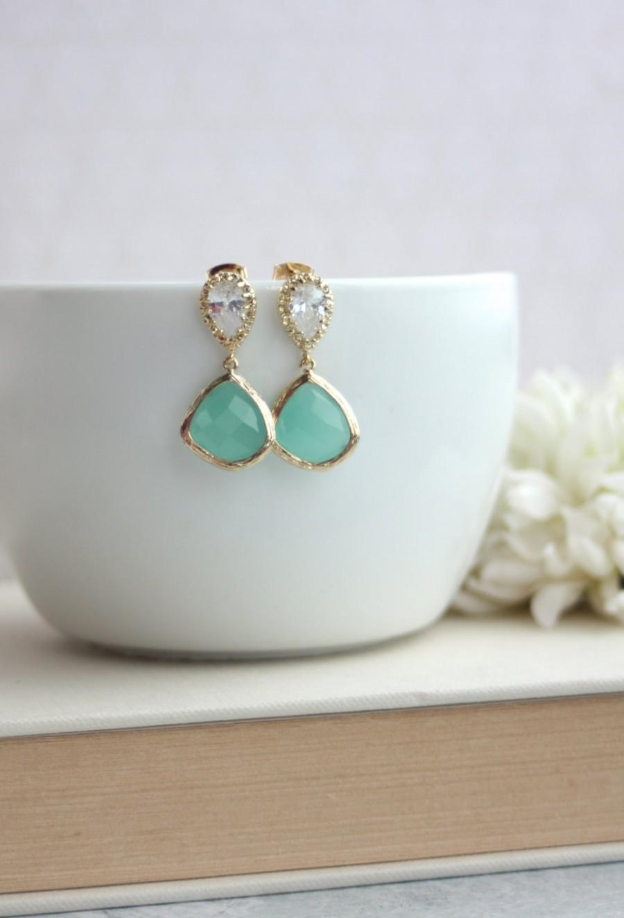 Hochzeit - Mint Glass Pear Gold Cubic Zirconia Ear Post Earrings. Wedding Jewelry, Bridal Earring. Green Glass. Bridesmaid Gift. Mint and Gold Wedding.