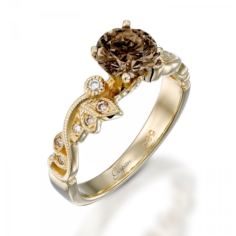 Hochzeit - Brown diamond ring, Engagement Ring, Unique Engagement Ring, Art Deco Ring, Antique Ring, Yellow Gold Ring, Leaf Ring, Vintage Ring
