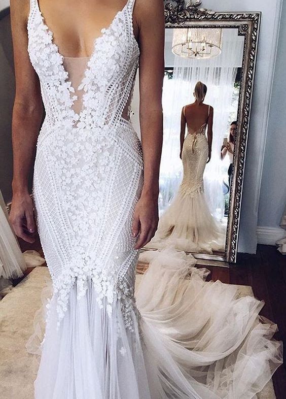 زفاف - Appliques V-Neck Elegant Mermaid Open-Back Wedding Dresses