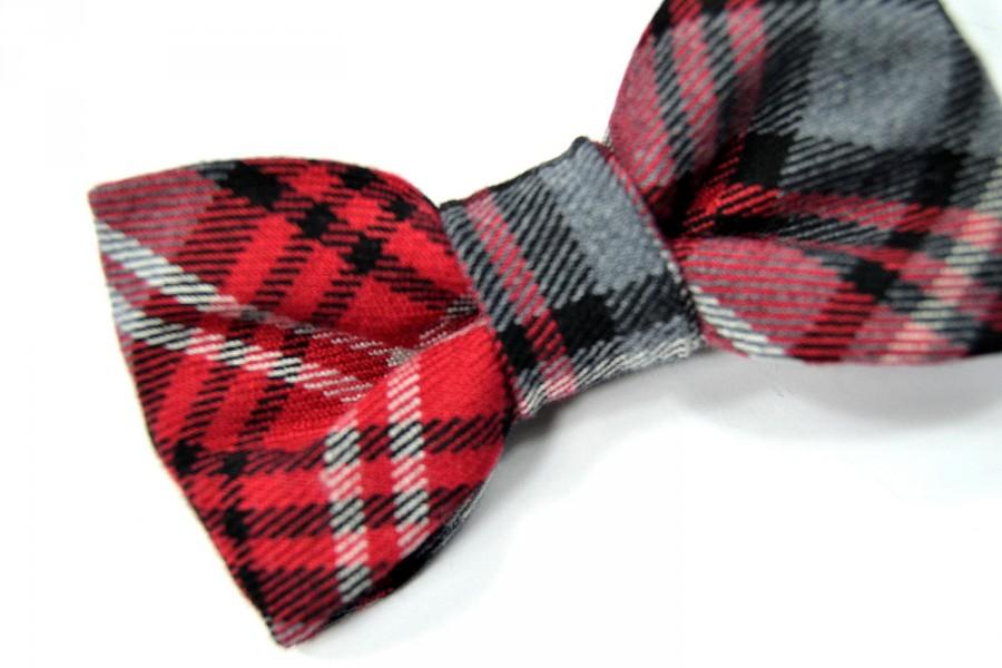 Wedding - Men College Red, black and grey plaid bowtie Baby, toddler boys tie Kids Clip-On Bow Tie