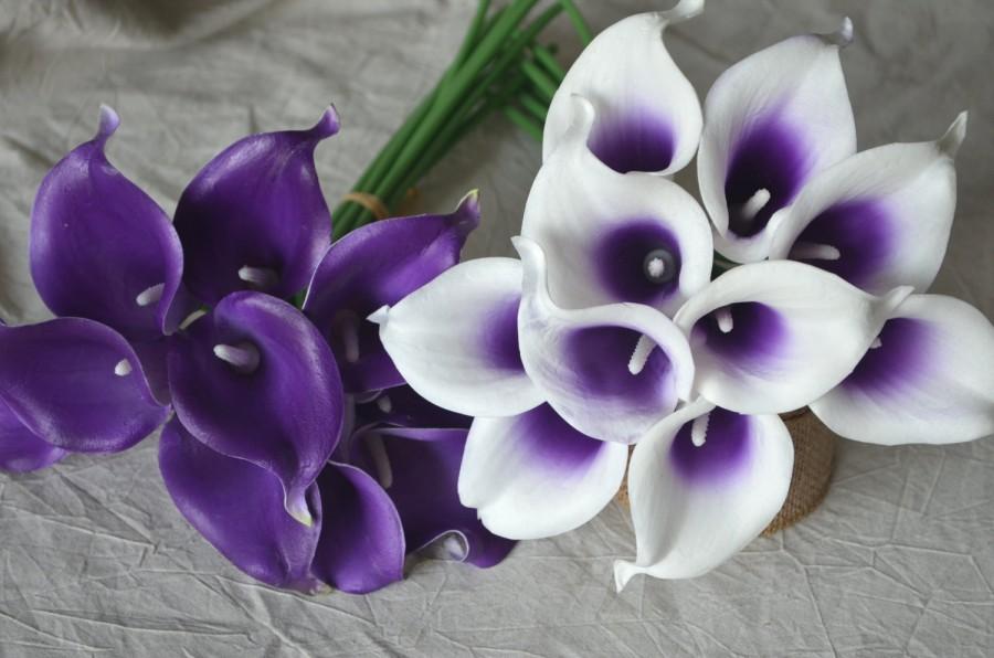 Hochzeit - Royal Purple Picasso Calla Lilies Real Touch Flowers For Silk Wedding Bouquets, Centerpieces, Wedding Decorations