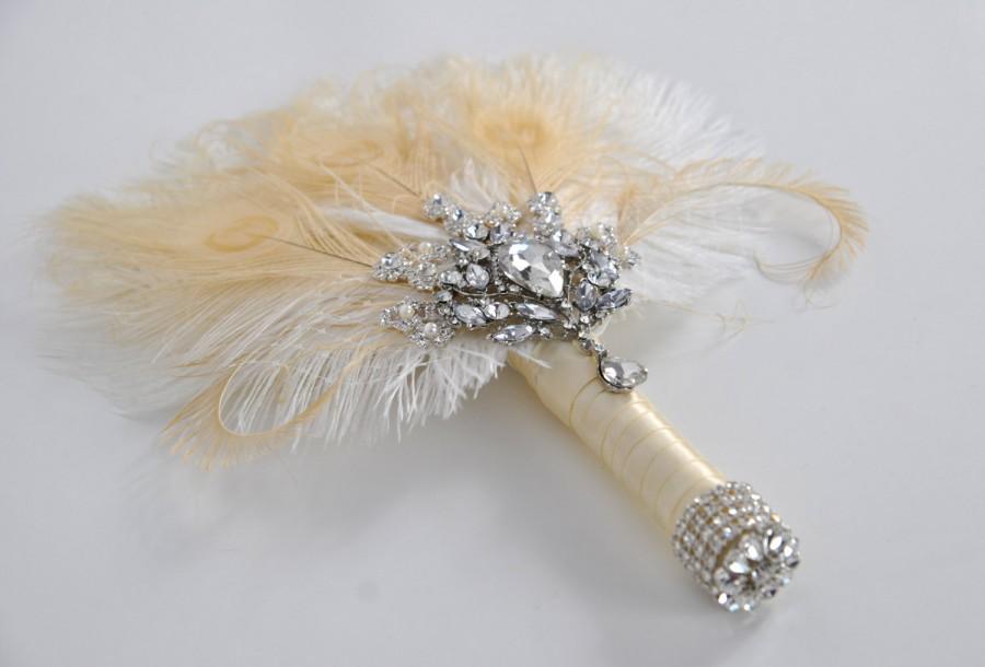زفاف - Bridal brooch Bouquet Ostrich alternative Feather Fan Bridal Bouquet Ivory Great Gatsby 1902s chic art deco wedding Roaring 20's  bouquet
