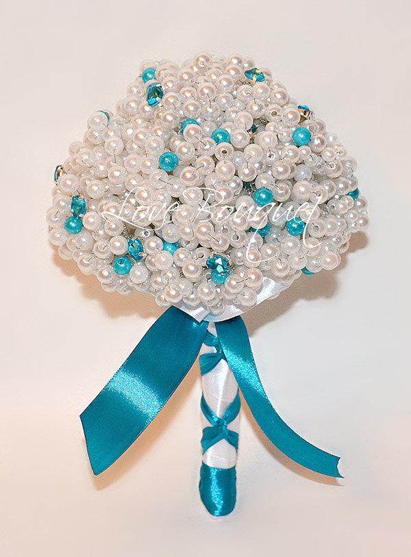 Mariage - Pearl Wedding Bouquet Bridal Bouquet Bridesmaid Bouquet Turquoise White Wedding Brooch Bouquet Wedding Dress Beads Bouquets Crystal Bouquet