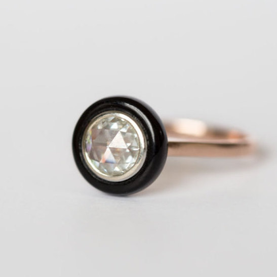 زفاف - Customizable Onyx and Rose Cut Diamond Ring - Onyx Target Ring - Black Engagement Ring  - Rose Cut Moissanite - by Anueva Jewelry