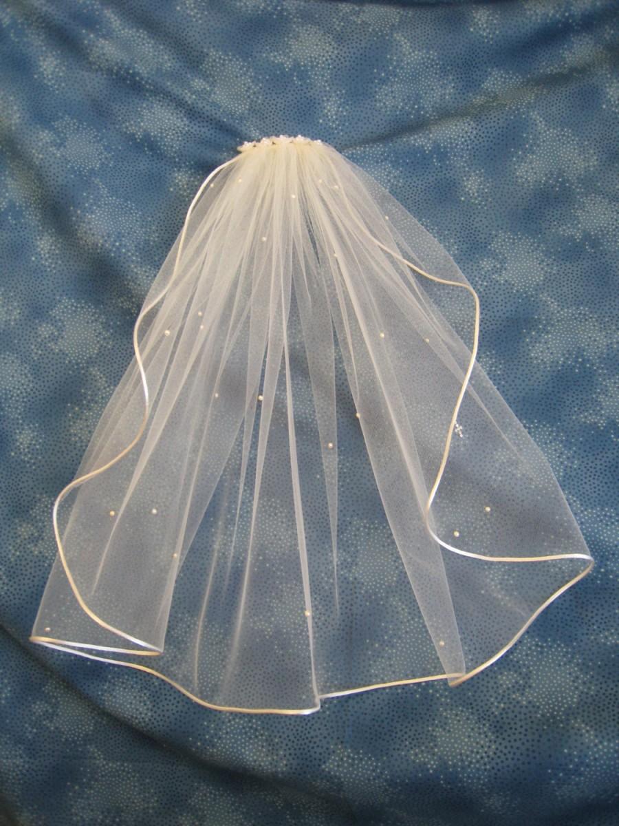 Wedding - Ivory First Communion Veil With Scattered Pearls Ivory Organza Flowers on Clip Barrette Ivory Satin Cord Edge  20 Inches Long 14954