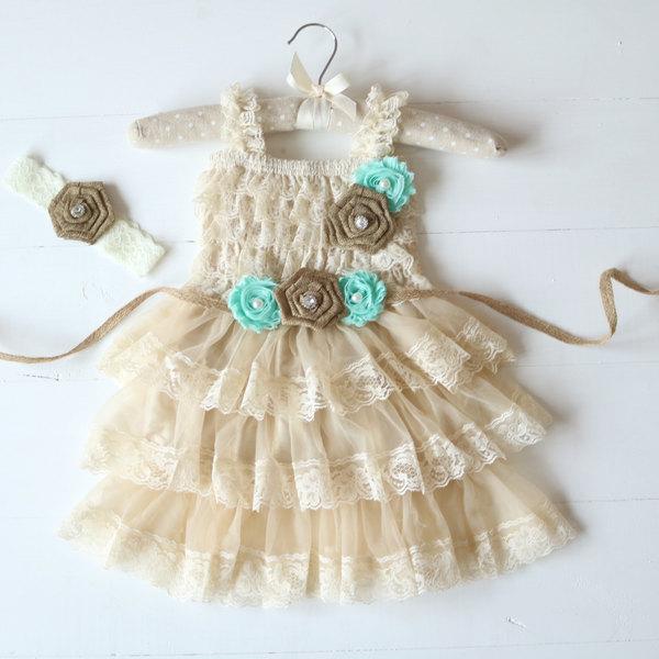 Hochzeit - Mint Blue Rustic Flower Girl Dress, Country Flower Girl Dress, Burlap Flower Girl Dress, Lace Flower Girl Dress, Rustic Wedding, Girls Dress