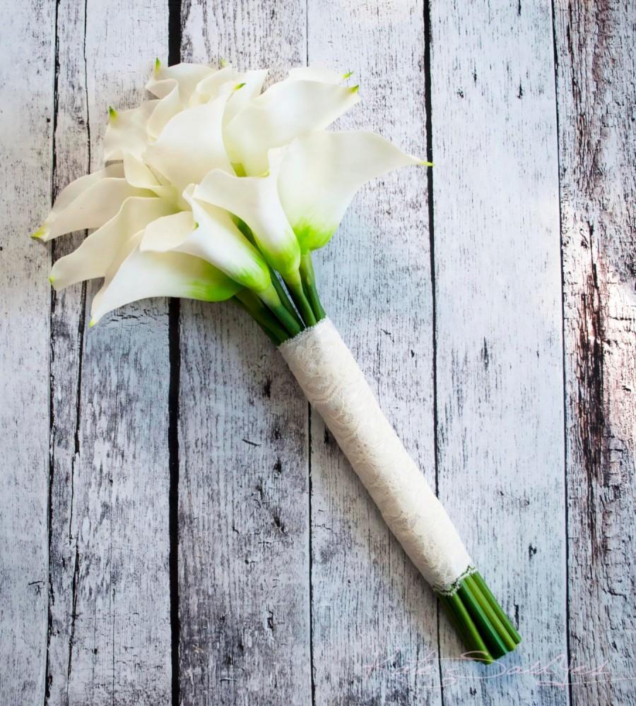 Wedding - Ivory Calla Lily Real Touch Wedding Bouquet with Lace Satin