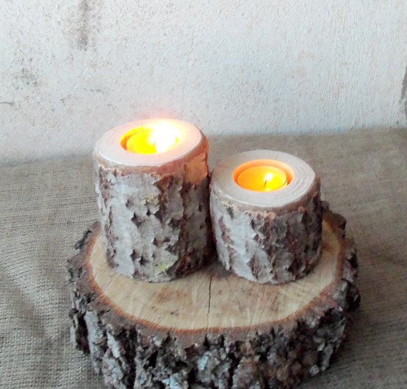 Mariage - 2 Wood Candle Holders - Table Centerpiece -  Wood Log Holders - White Tree Candle Holders - Wedding Decoration - Home Decoration
