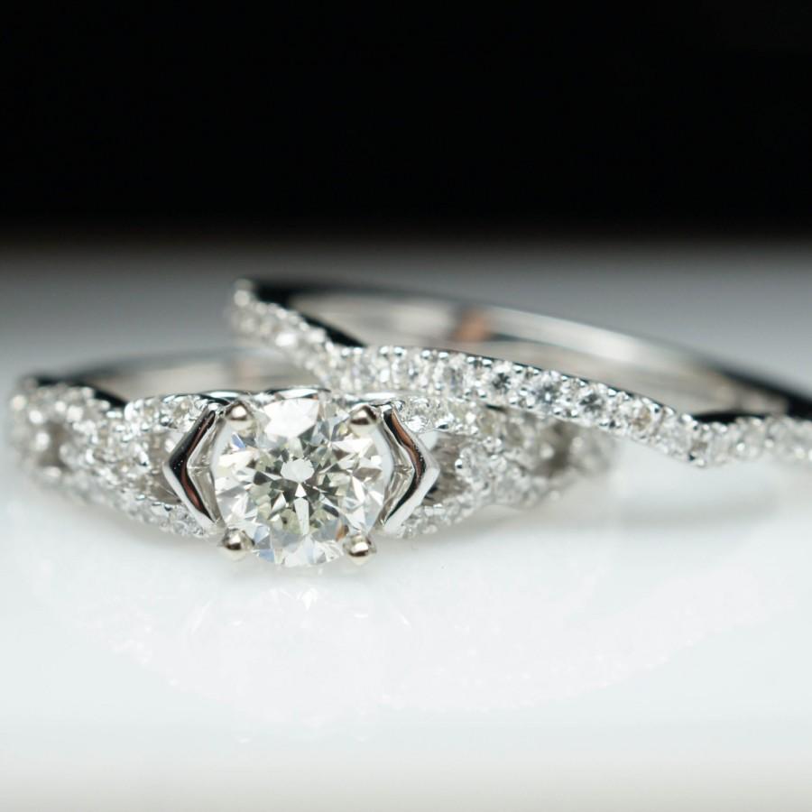 Hochzeit - Beautiful .99ctw Vintage Style Solitaire Diamond Engagement Ring & Wedding Band 14k White Gold