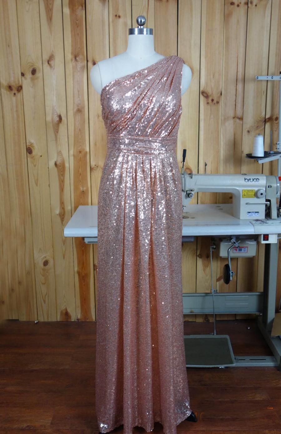 زفاف - One shoulder Custom Made floor Sequins Bridesmaid Dress, Rose gold folds Bridesmaid Dress, Maid of Honor Dress, Wedding Party Dress
