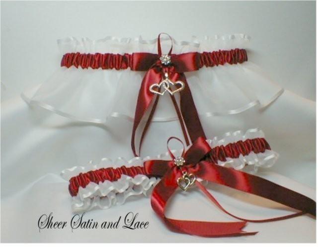 زفاف - Double Heart Scarlet / Apple Red And White Wedding Garters