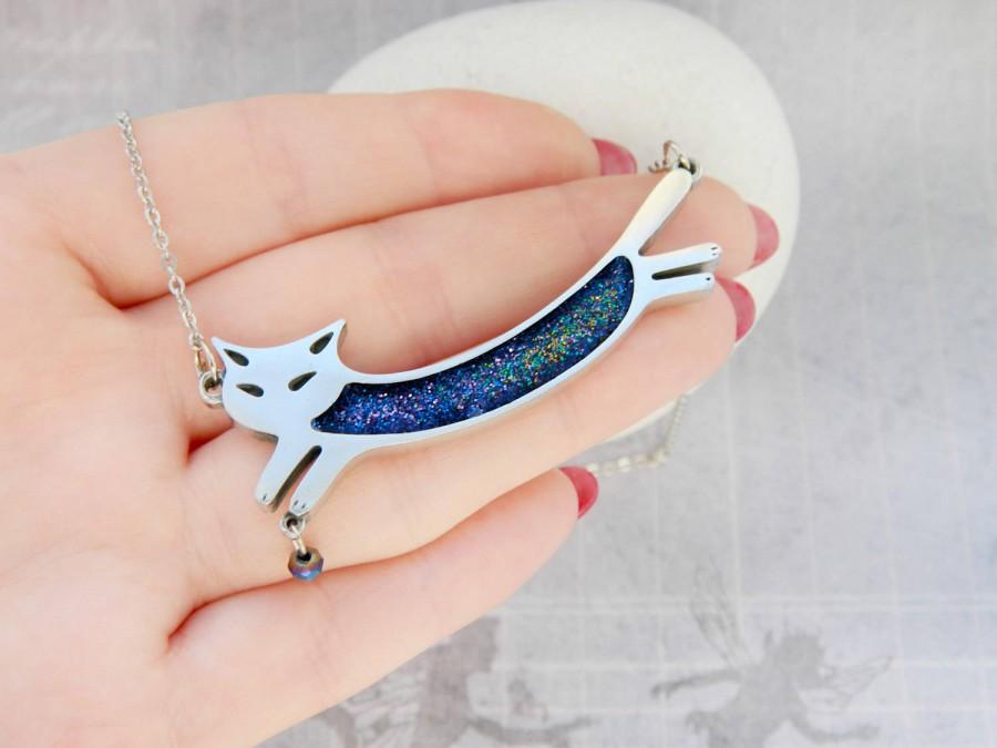 Wedding - Cat Jewelry  Cat Necklace Galaxy Necklace Space Necklace Blue necklace Space jewelry Cat gift for her girlfriend Cat lover Funny Cat Pendant