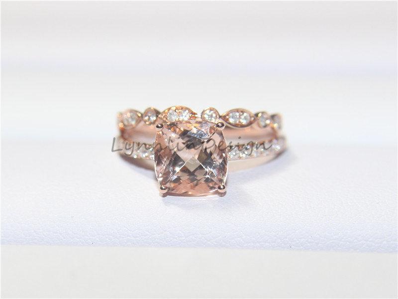Mariage - Morganite Ring Set 7mm Natural Morganite Ring Set cushion Diamond Morganite Engagement Ring Band Set Roes gold pink gemstone wedding set