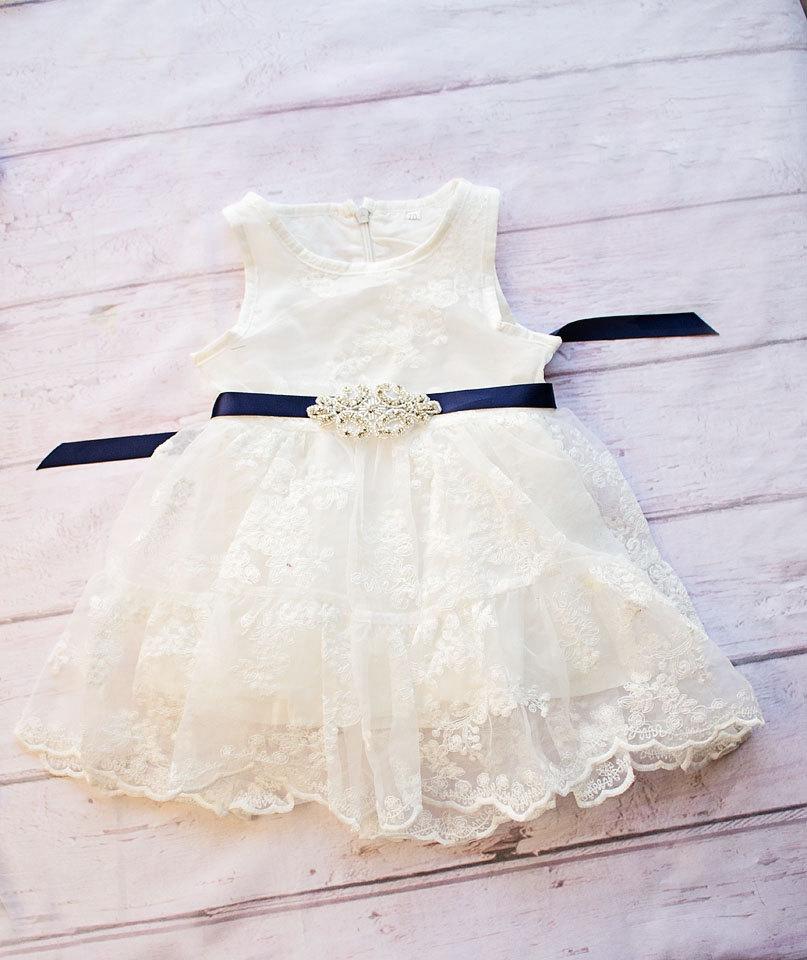 زفاف - Rustic Flower Girl Dress, Rustic Flower Girl Dress, White Lace Dress Navy Sash, Rustic Lace Flower Girl Dress, White Baptism Dress