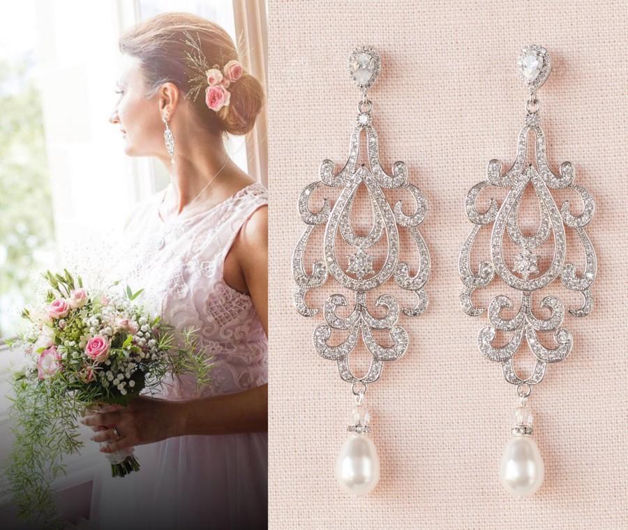 Mariage - Crystal Bridal Earrings, Pearl Drop Wedding earrings, Rose gold, Gold, Swarovski, Wedding jewelry, Bridal Jewelry, Katilee Earrings