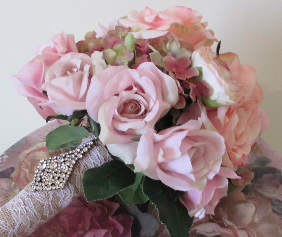 Hochzeit - Silk Flowers Bridal Bouquet, Rose Bouquet, Shabby Chic