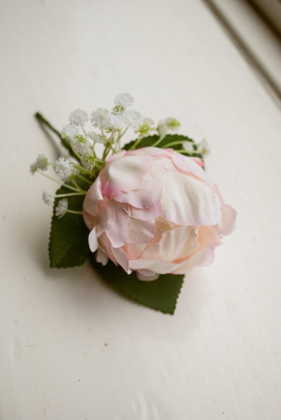 Wedding - Blush pink silk wedding buttonhole / boutineer. Made from an artificial peony, a gypsophilia cluster and simple greenery.