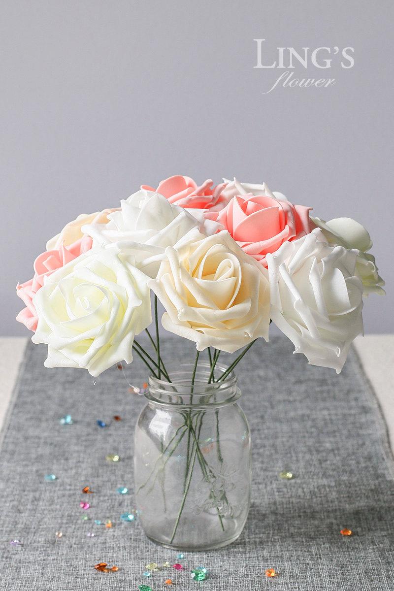 Wedding - 50pcs White Artificial Foam Rose-Ivory Real Touch Flowers For Wedding Bridal Bouquet Table Centerpiece Home Decoration FLWROS100