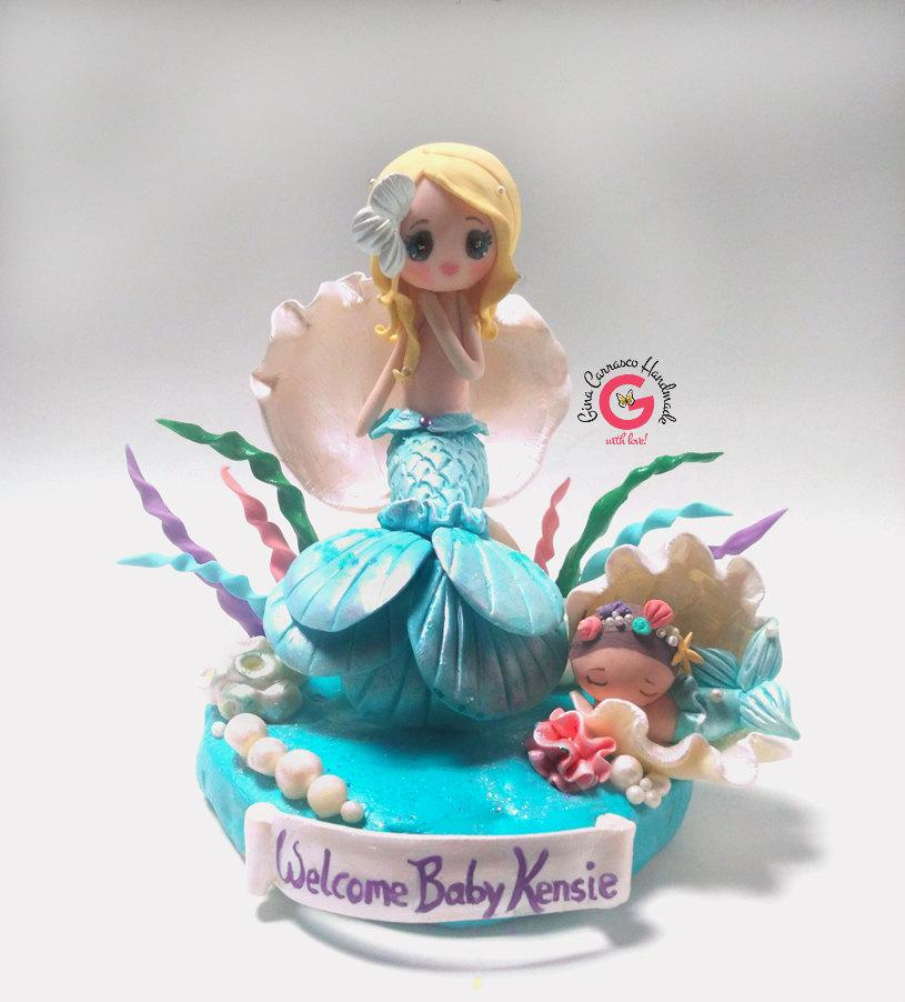 Hochzeit - Mermaid Baby Shower Cake Topper, Mermaid Baby shower decoration, Under the sea theme baby shower, keepsake cake topper gift, cold porcelain