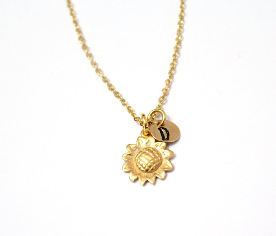 Свадьба - Sunflower Gold Filled Necklace, Sunflower Necklace, Tiny Silver Necklace, Personalized Gold Disc, Monogram Charms, Gold Personalized
